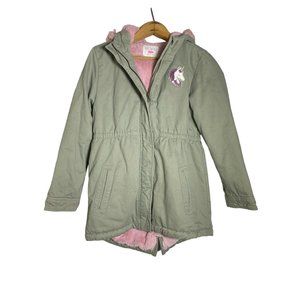 The Children's Place Green Army Long Sequin Unicorn Jacket Pink Fur Size 14
